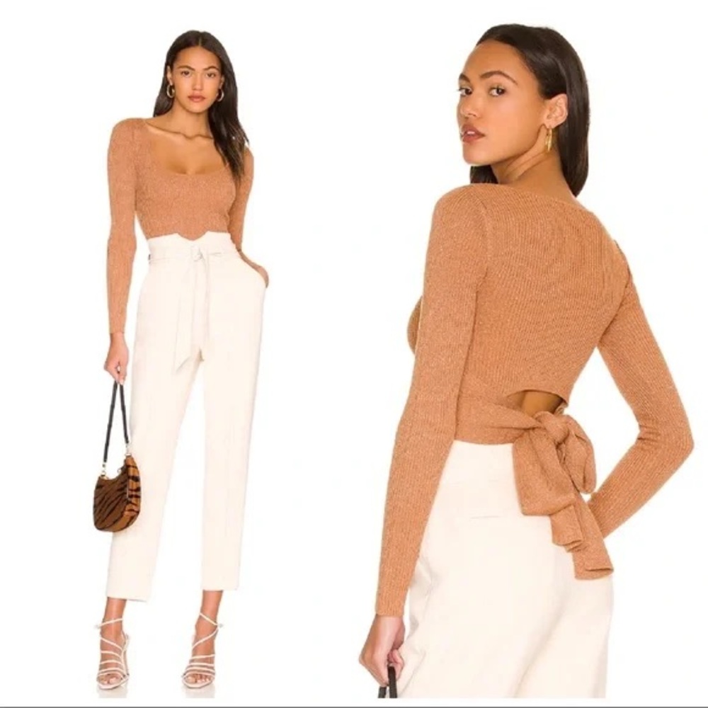 Revolve Majorelle Bicoastal Cropped Ribbed Knit Sweater Camel Tie Back Top Small
